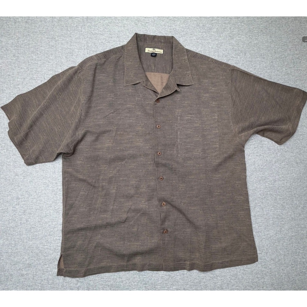 Tommy Bahama Mens XL Brown 100% Silk Short Sleeve Button Down Camp Shirt